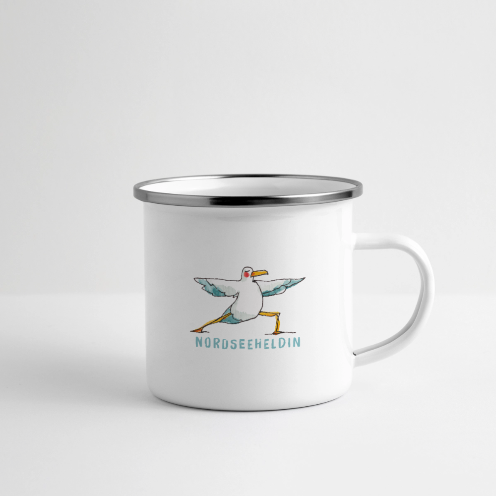 Yoga Möwe Nordseeheldin – Maritime Emaille-Tasse - Weiß