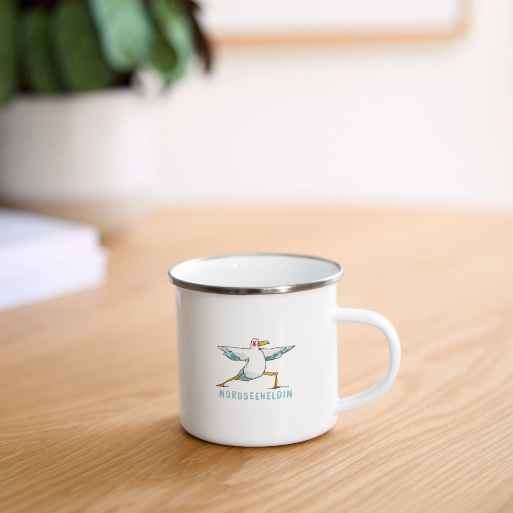 Yoga Möwe Nordseeheldin – Maritime Emaille-Tasse - Weiß