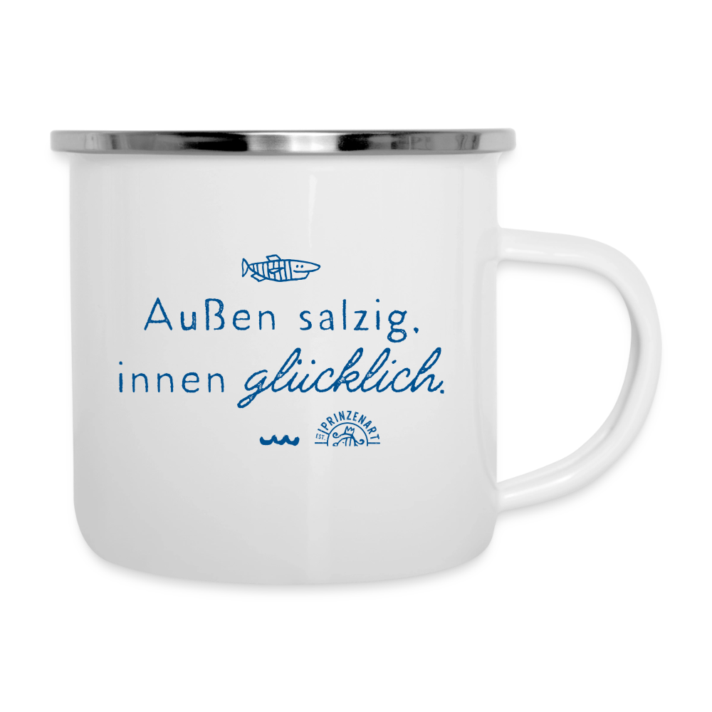 Außen salzig, innen glücklich. Maritime Emaille-Tasse für Meerliebhaber. - Weiß