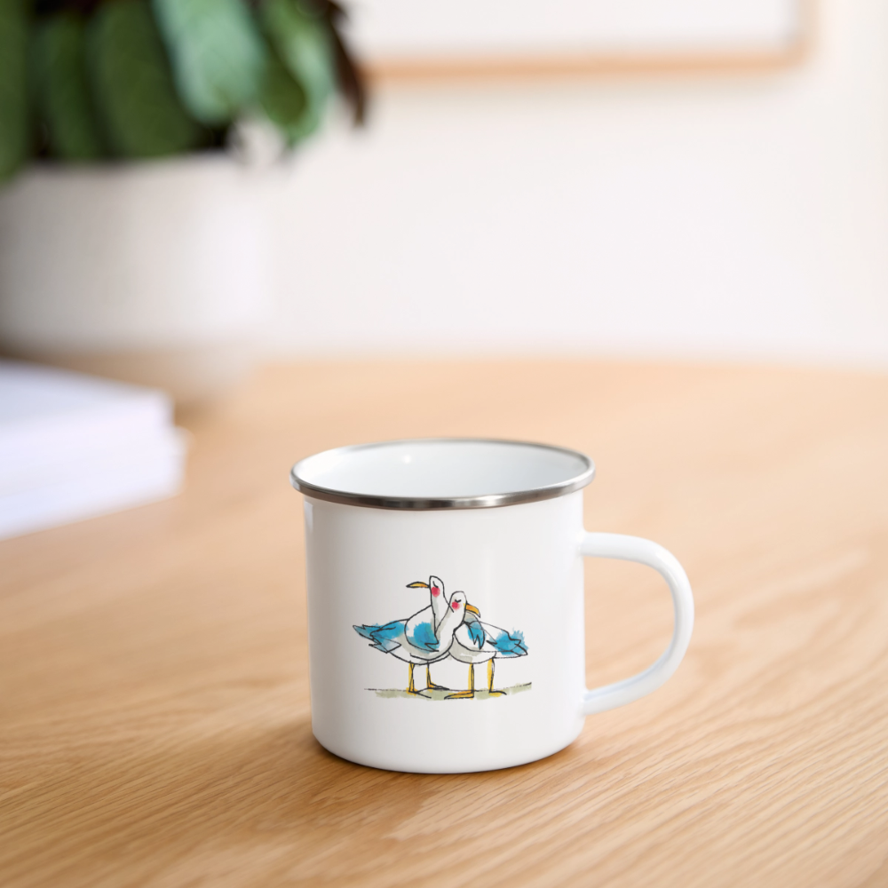 Ohne Worte – Maritime Emaille-Tasse mit Möwenmotiv - Weiß