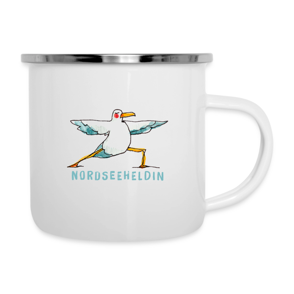 Yoga Möwe Nordseeheldin – Maritime Emaille-Tasse - Weiß