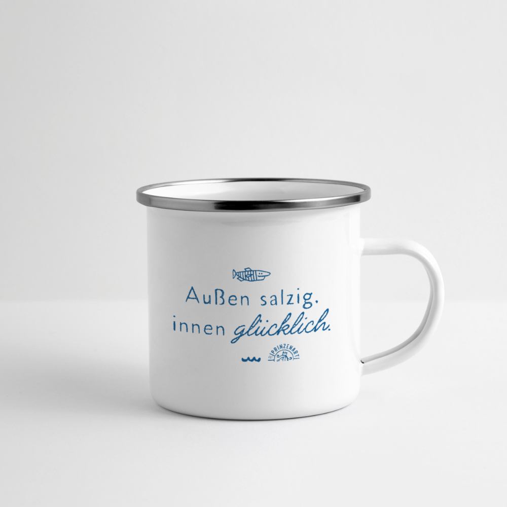 Außen salzig, innen glücklich. Maritime Emaille-Tasse für Meerliebhaber. - Weiß